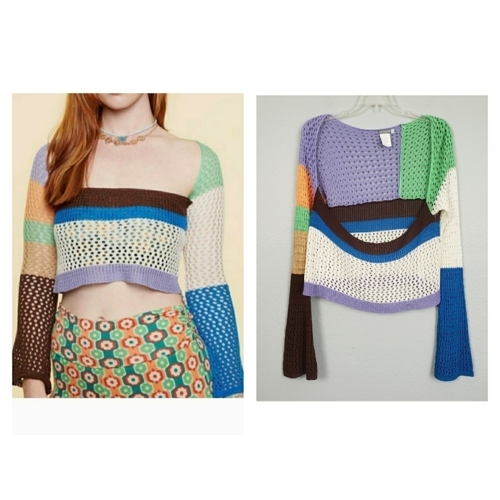 EARTHBOUND Open Knit Colorful Long Flare Sleeve Crop Top Sz XXL Boho Hippie